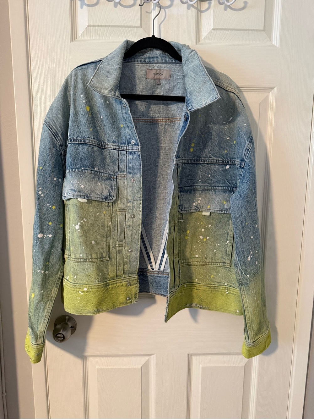 Hudson Jeans Blue Denim Jacket with Green Dip-Dye and Paint Splatter